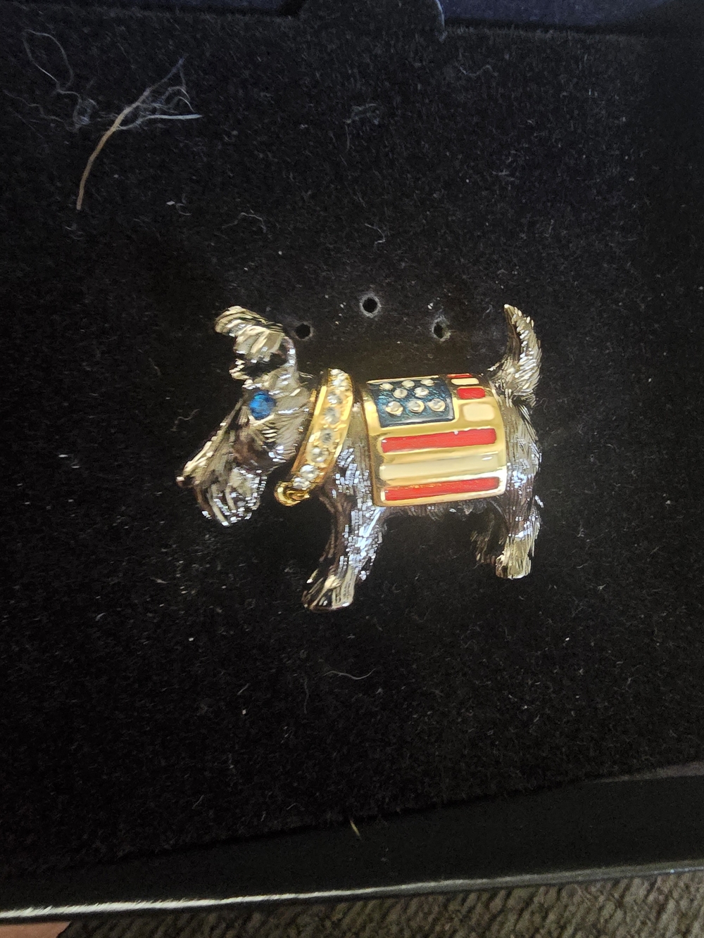 Joan Rivers Gold-Tone Dog Brooch with Red, White & Blue Enamel